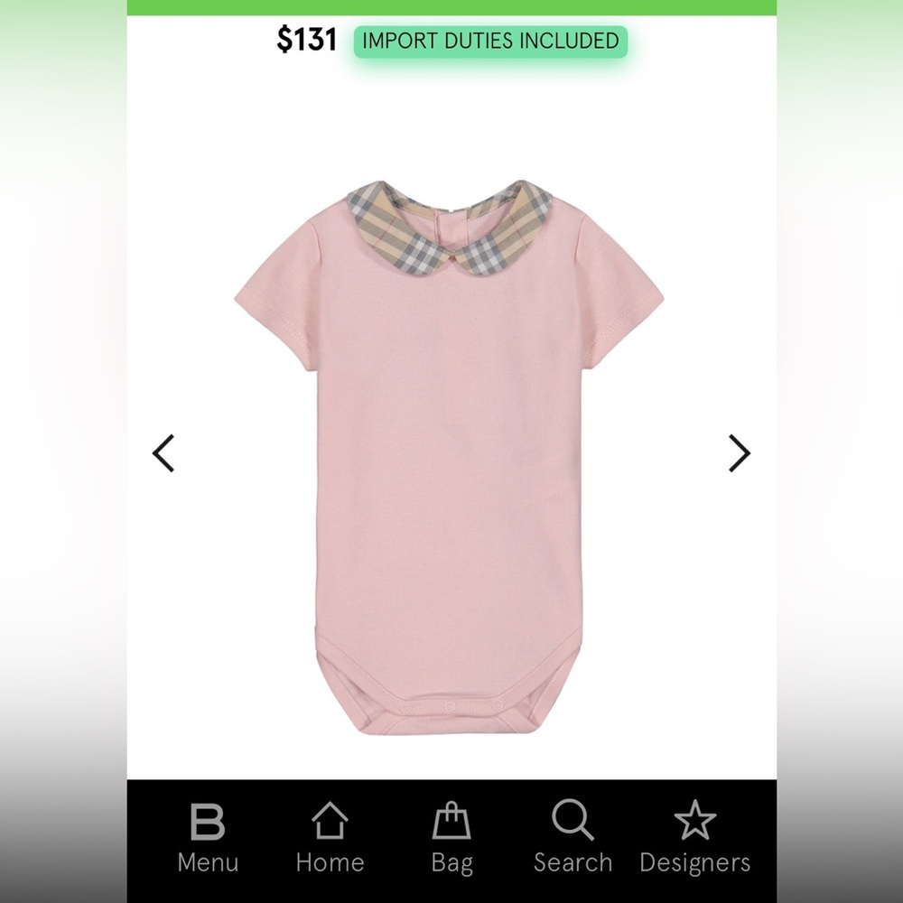 BURBERRY
Girls Light Pink Cotton Onesie with Plaid Peter Pan Collar - Picture 6 of 6
